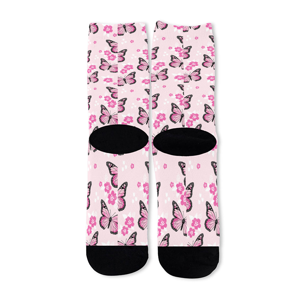 Pink Monarch Butterfly Pattern Print Long Socks