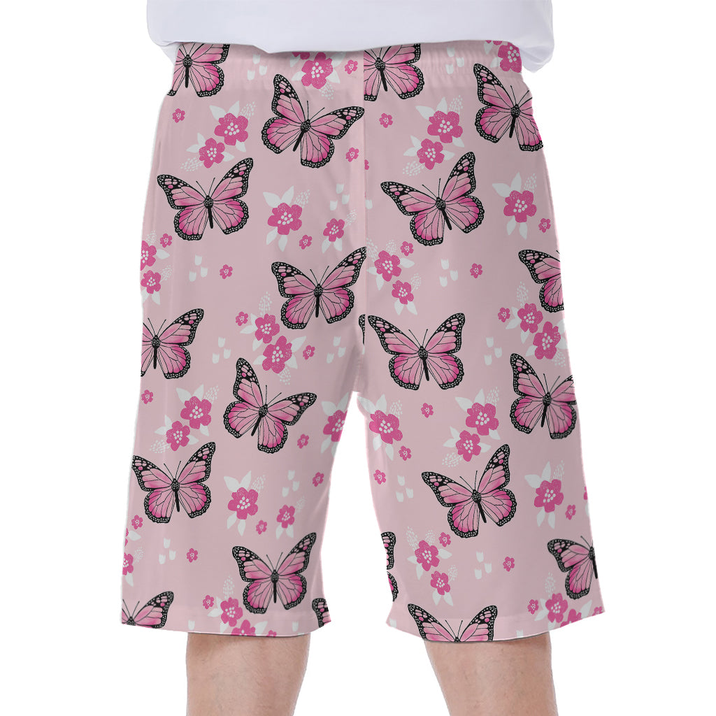 Pink Monarch Butterfly Pattern Print Men's Beach Shorts