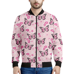 Pink Monarch Butterfly Pattern Print Men's Bomber Jacket