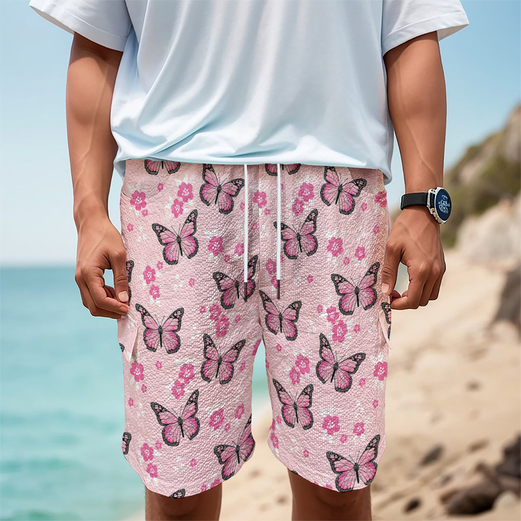 Pink Monarch Butterfly Pattern Print Men's Cargo Shorts