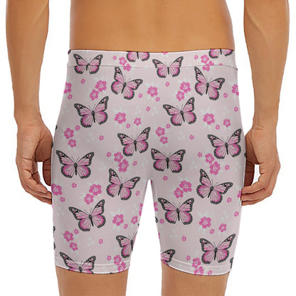 Pink Monarch Butterfly Pattern Print Men's Long Boxer Briefs