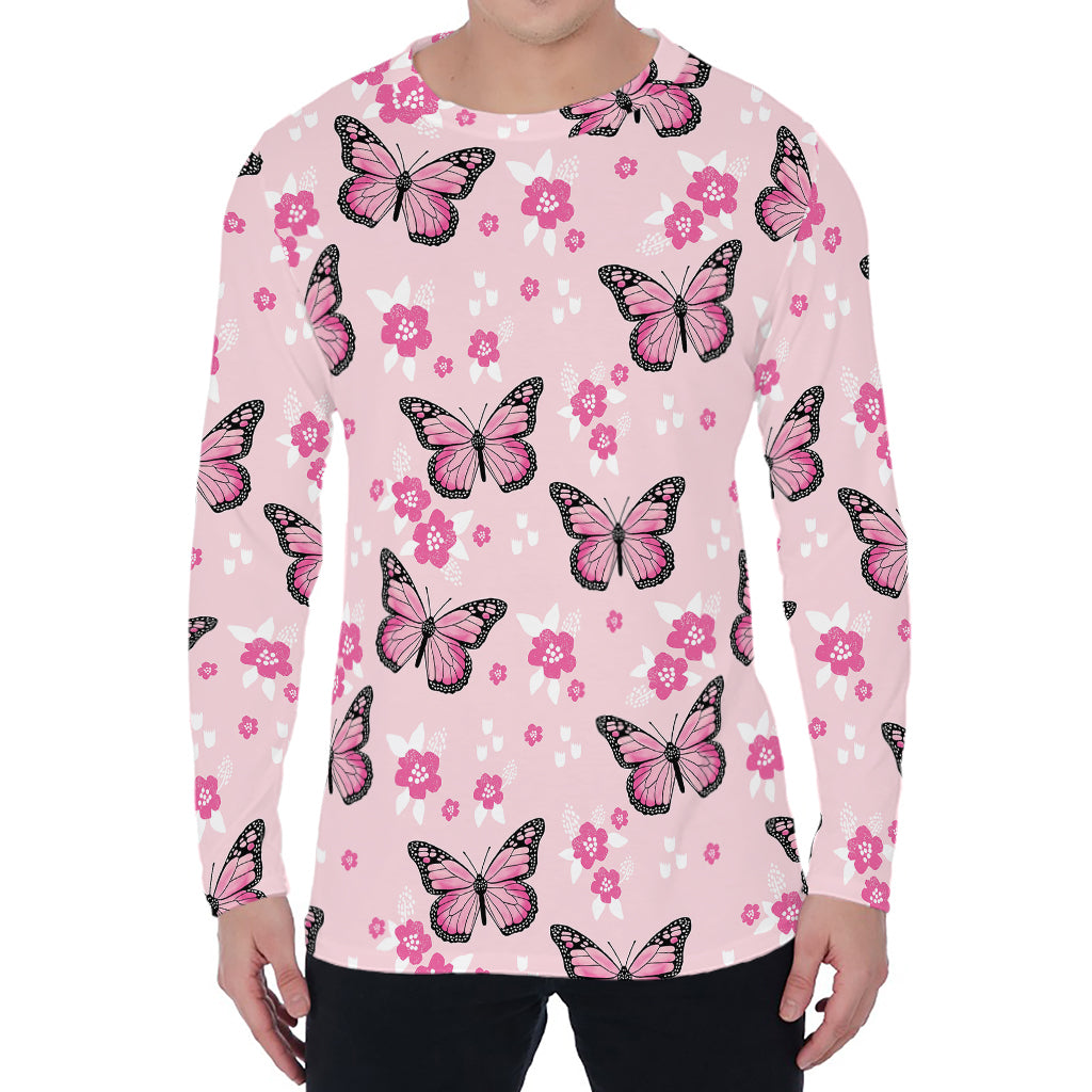 Pink Monarch Butterfly Pattern Print Men's Long Sleeve T-Shirt