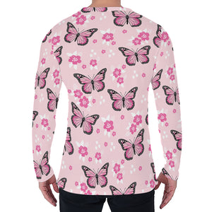 Pink Monarch Butterfly Pattern Print Men's Long Sleeve T-Shirt