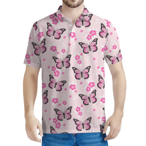 Pink Monarch Butterfly Pattern Print Men's Polo Shirt