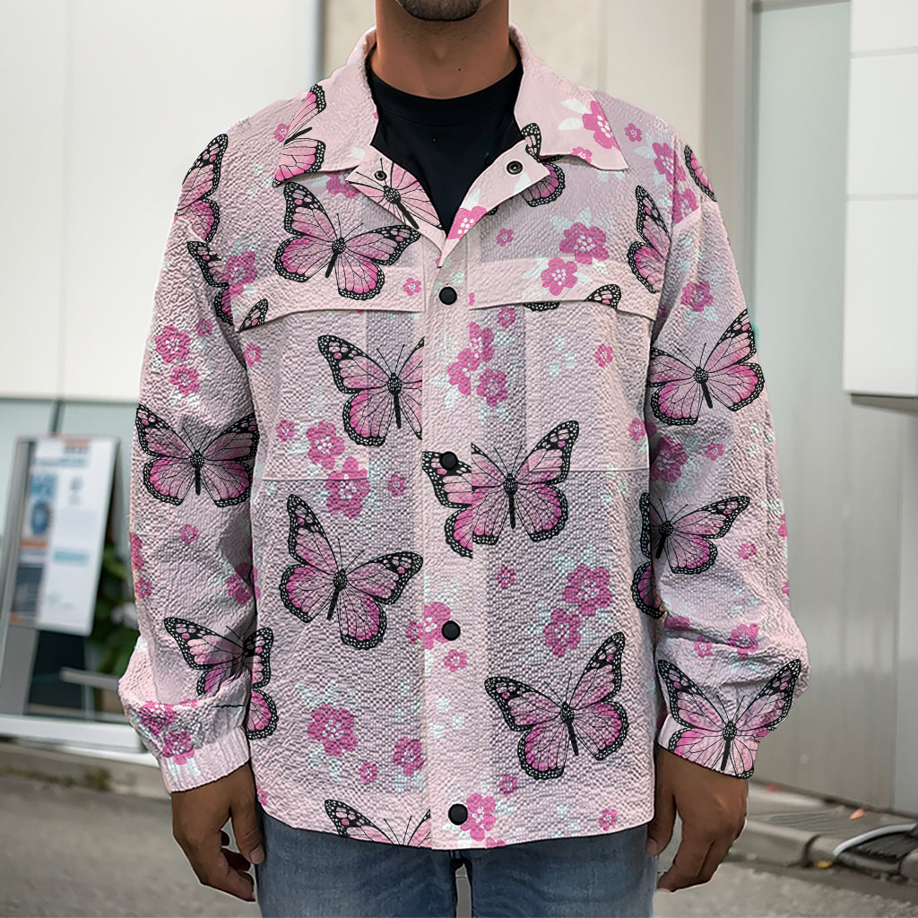 Pink Monarch Butterfly Pattern Print Men's Shirt Jacket