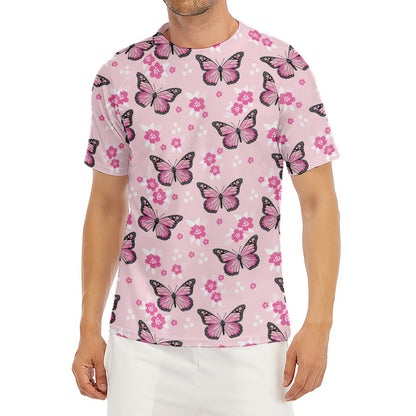 Pink Monarch Butterfly Pattern Print Men's Short Sleeve Rash Guard