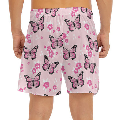 Pink Monarch Butterfly Pattern Print Men's Split Running Shorts