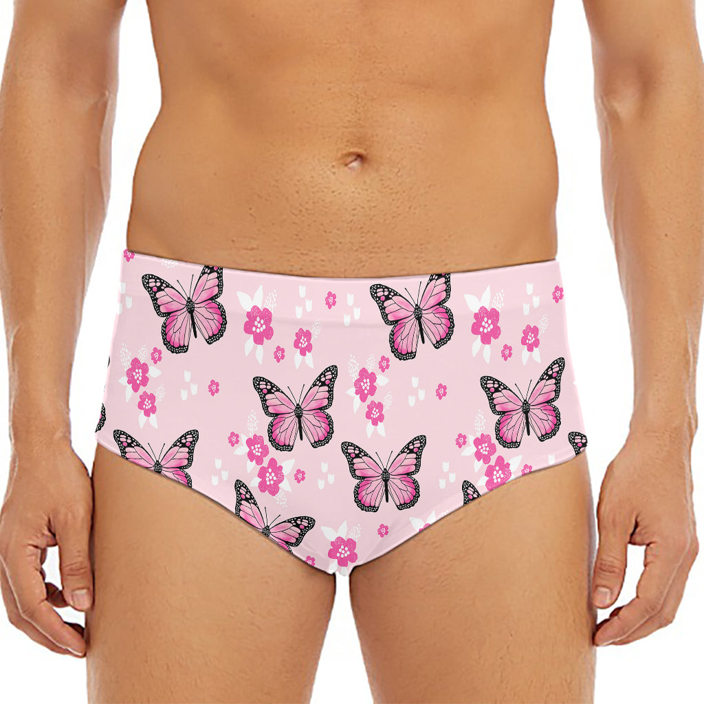Pink Monarch Butterfly Pattern Print Men's Triangle Swim Briefs