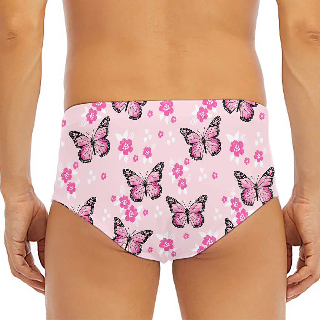 Pink Monarch Butterfly Pattern Print Men's Triangle Swim Briefs