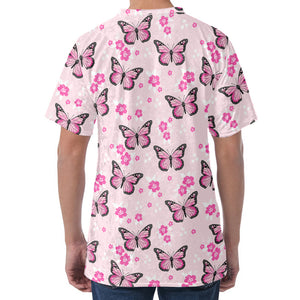 Pink Monarch Butterfly Pattern Print Men's Velvet T-Shirt