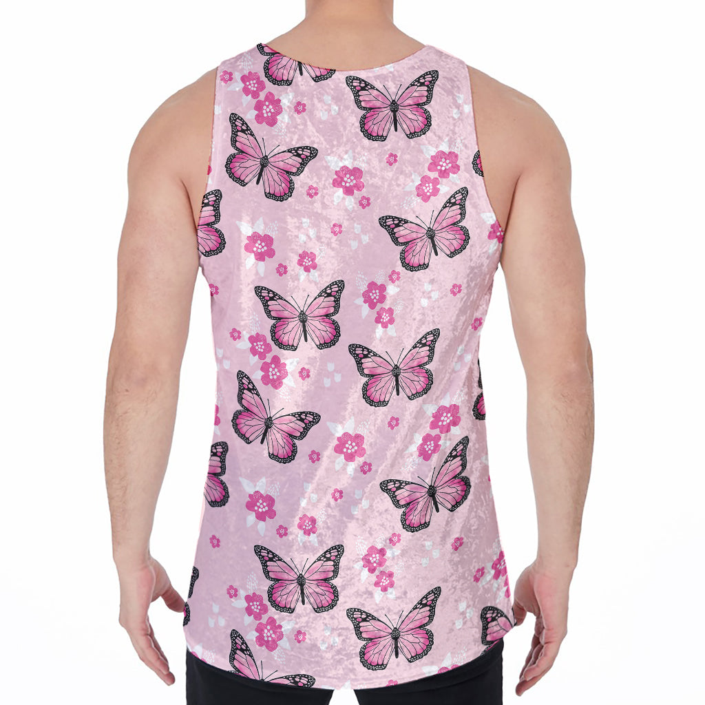 Pink Monarch Butterfly Pattern Print Men's Velvet Tank Top