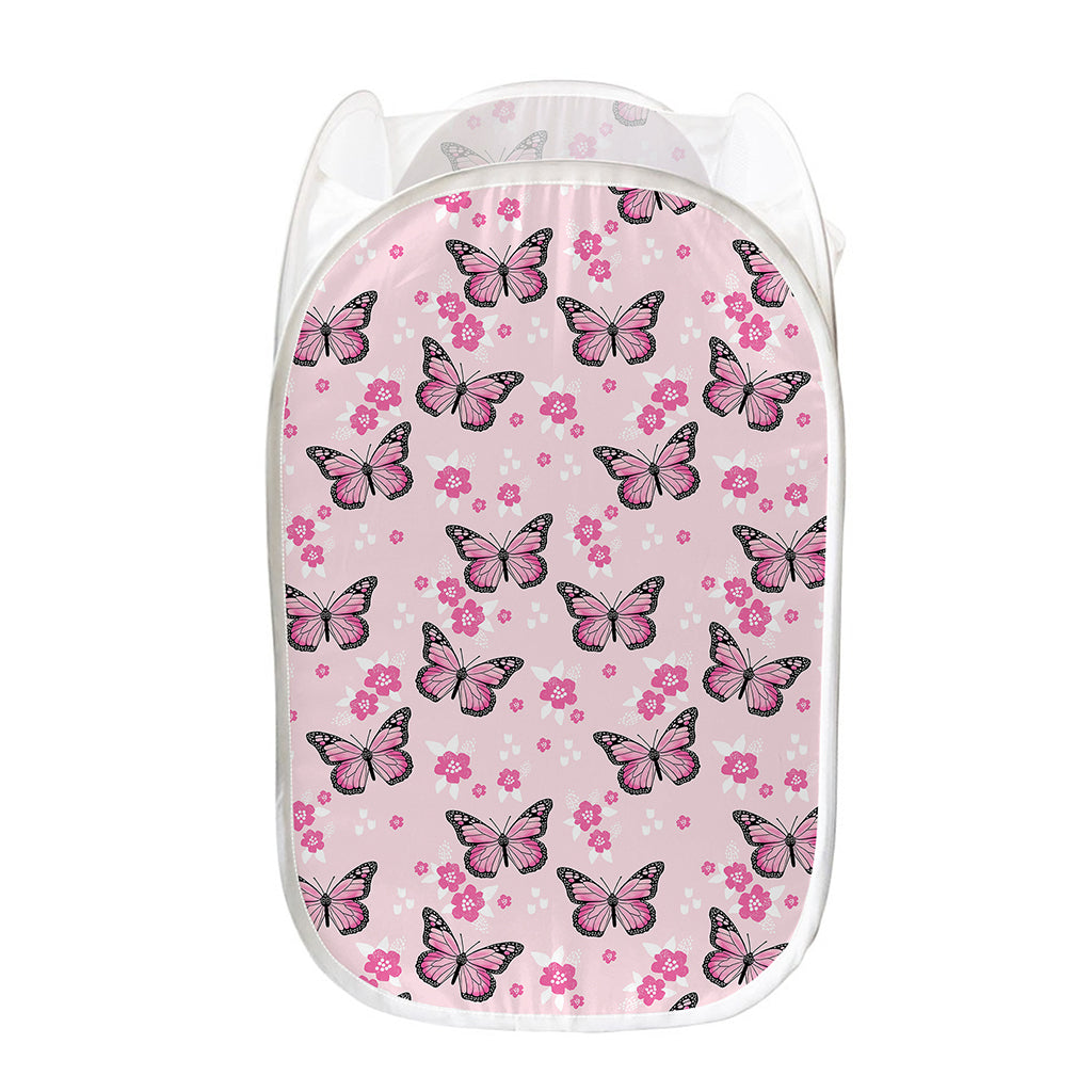 Pink Monarch Butterfly Pattern Print Mesh Laundry Hamper