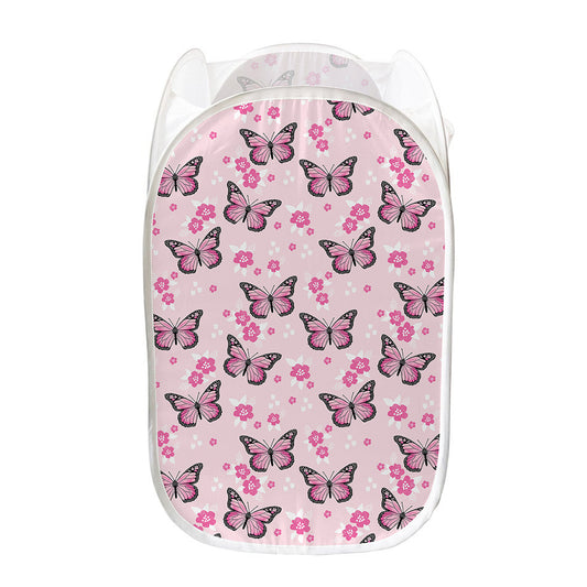 Pink Monarch Butterfly Pattern Print Mesh Laundry Hamper