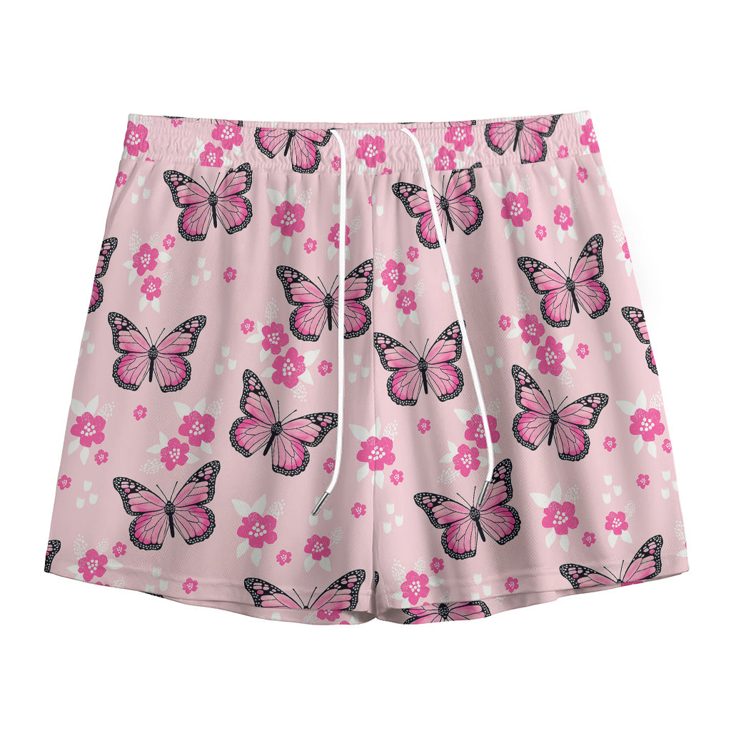 Pink Monarch Butterfly Pattern Print Mesh Shorts