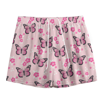 Pink Monarch Butterfly Pattern Print Mesh Shorts