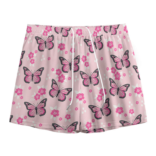 Pink Monarch Butterfly Pattern Print Mesh Shorts