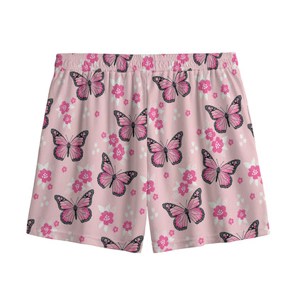 Pink Monarch Butterfly Pattern Print Mesh Shorts
