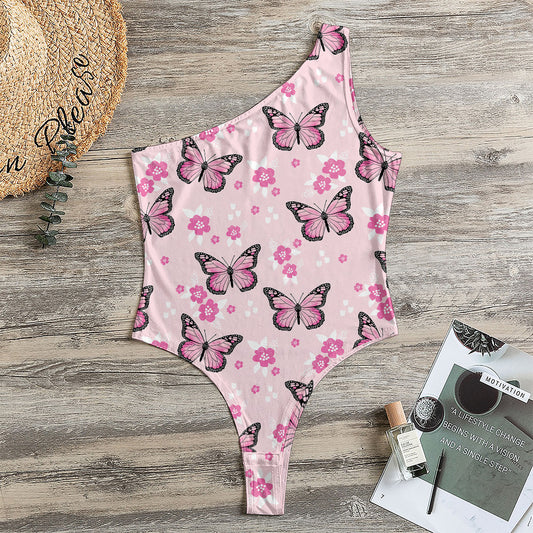 Pink Monarch Butterfly Pattern Print One Shoulder Bodysuit