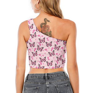 Pink Monarch Butterfly Pattern Print One Shoulder Crop Top