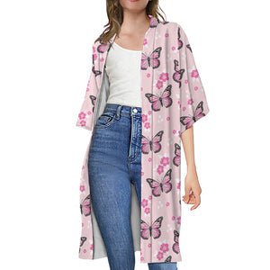 Pink Monarch Butterfly Pattern Print Open Front Beach Cover Up