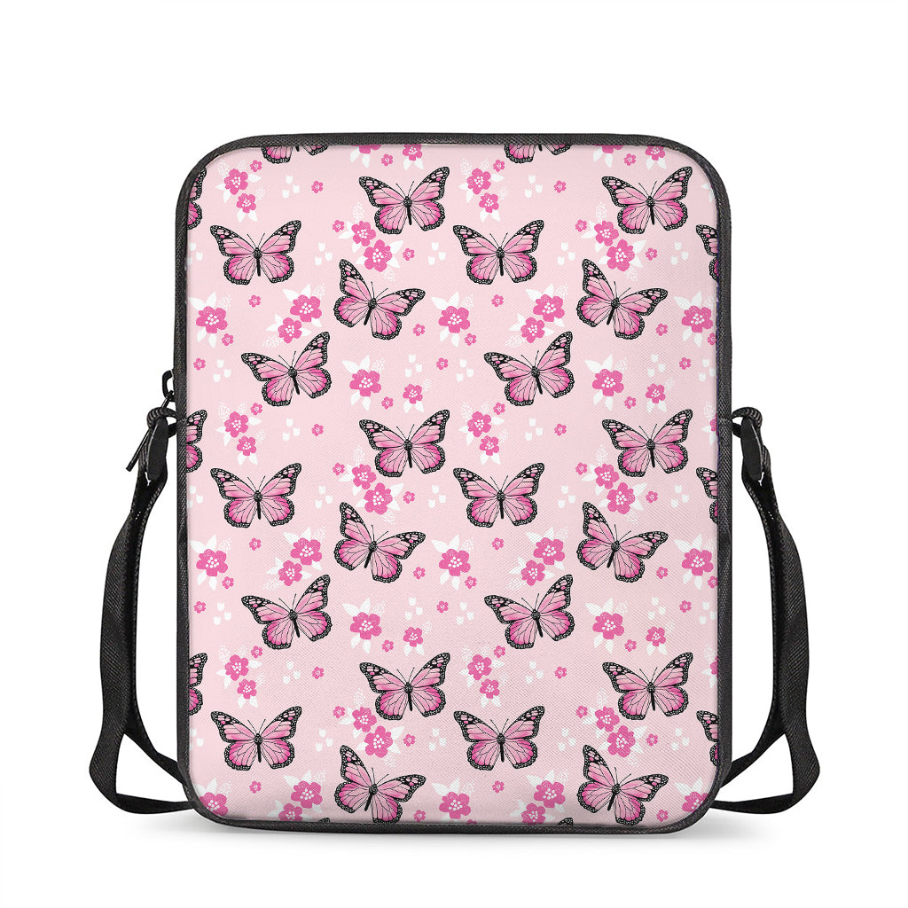 Pink Monarch Butterfly Pattern Print Rectangular Crossbody Bag