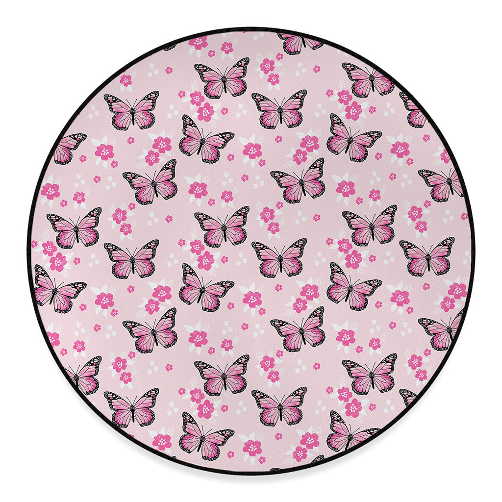 Pink Monarch Butterfly Pattern Print Round Floor Mat