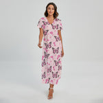 Pink Monarch Butterfly Pattern Print Short Sleeve Maxi Dress