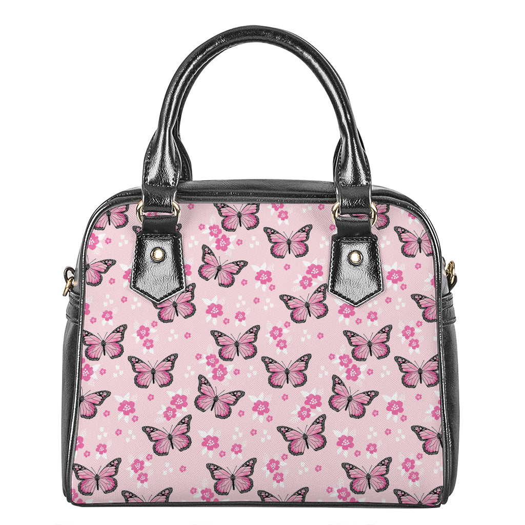 Pink Monarch Butterfly Pattern Print Shoulder Handbag