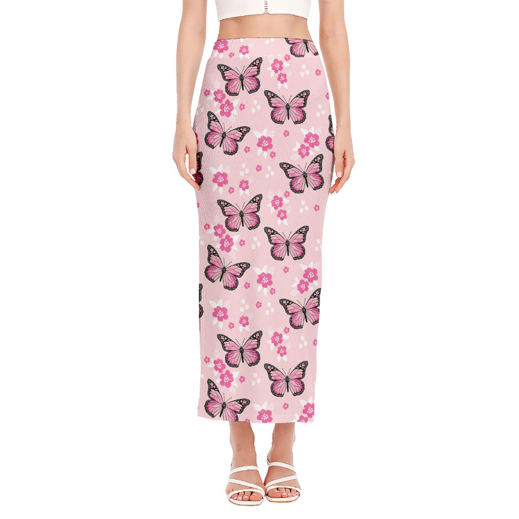 Pink Monarch Butterfly Pattern Print Side Slit Maxi Skirt