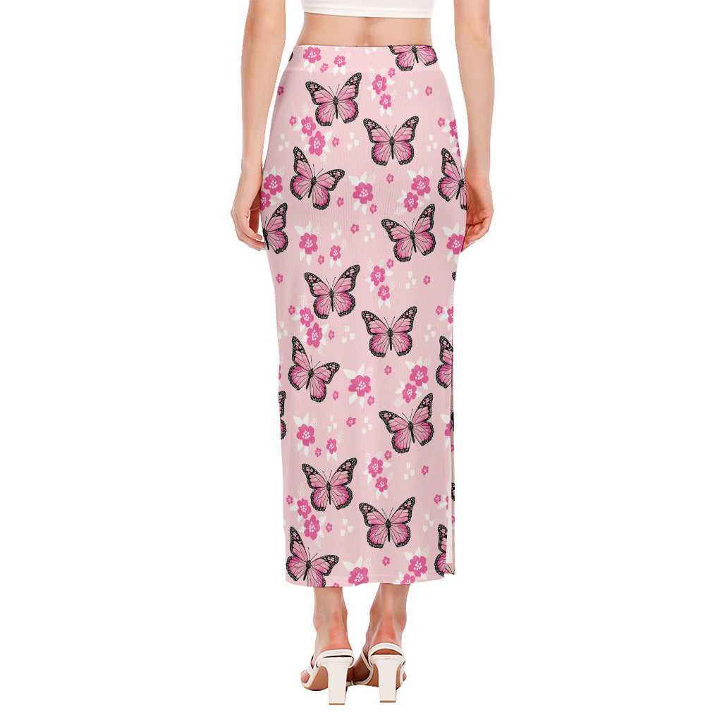 Pink Monarch Butterfly Pattern Print Side Slit Maxi Skirt