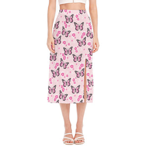 Pink Monarch Butterfly Pattern Print Side Slit Midi Skirt