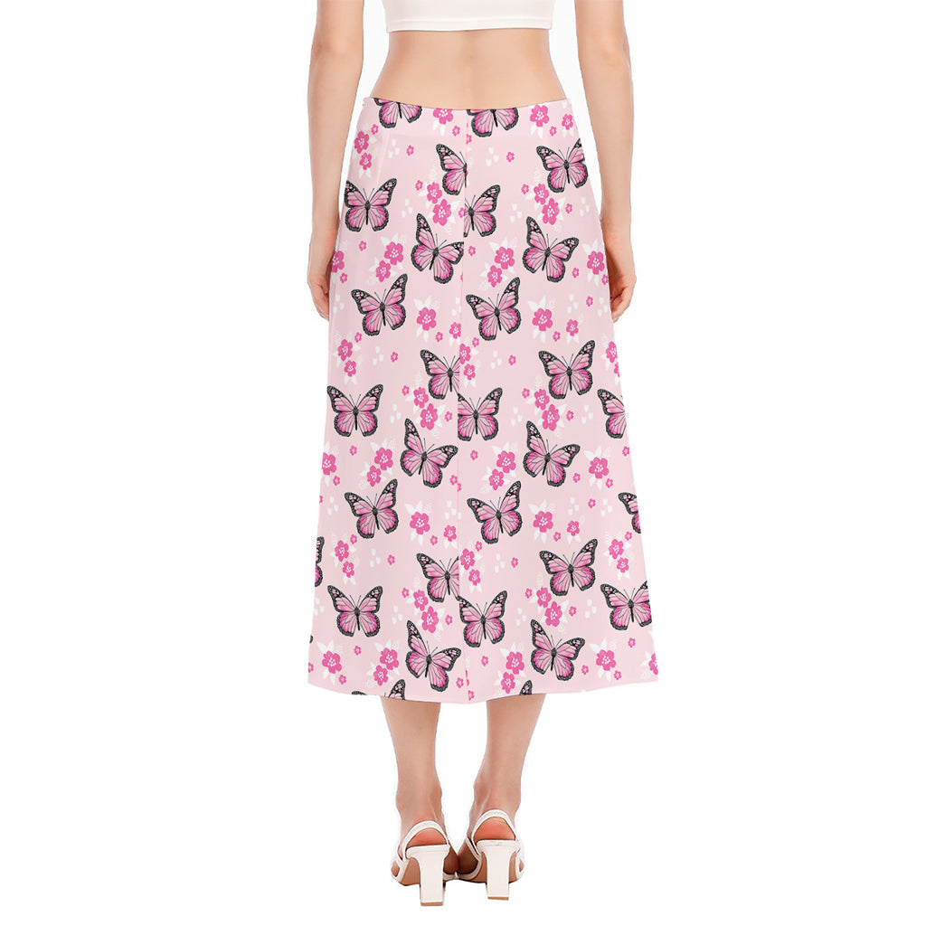 Pink Monarch Butterfly Pattern Print Side Slit Midi Skirt