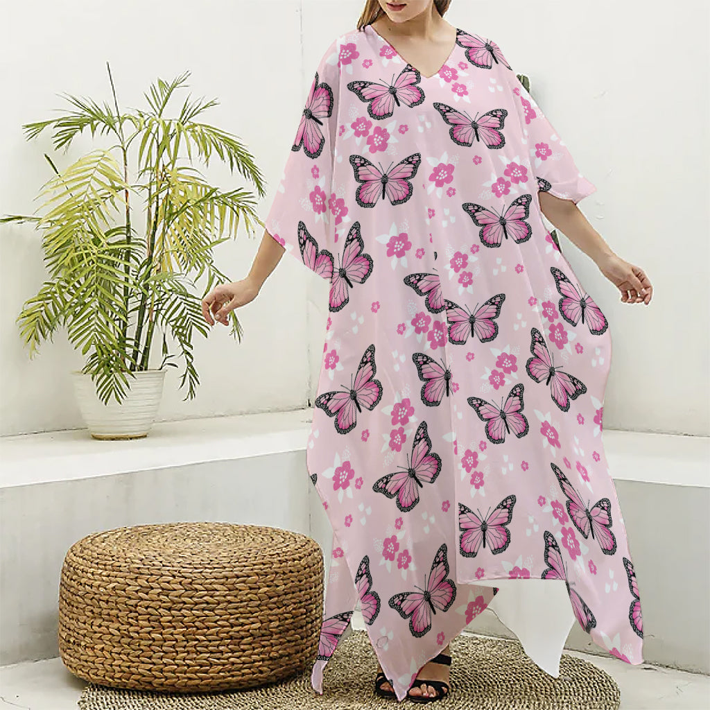 Pink Monarch Butterfly Pattern Print Silk V-Neck Kaftan Dress