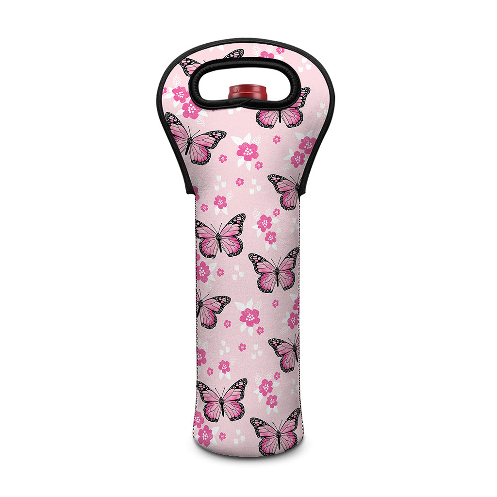 Pink Monarch Butterfly Pattern Print Single Neoprene Wine Tote