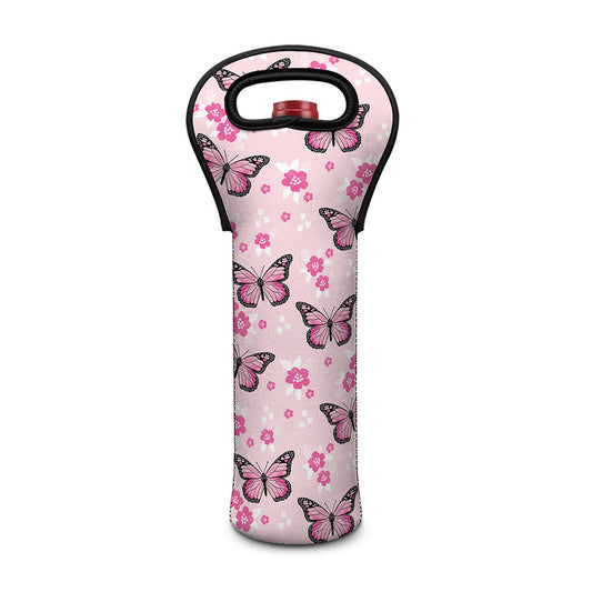 Pink Monarch Butterfly Pattern Print Single Neoprene Wine Tote