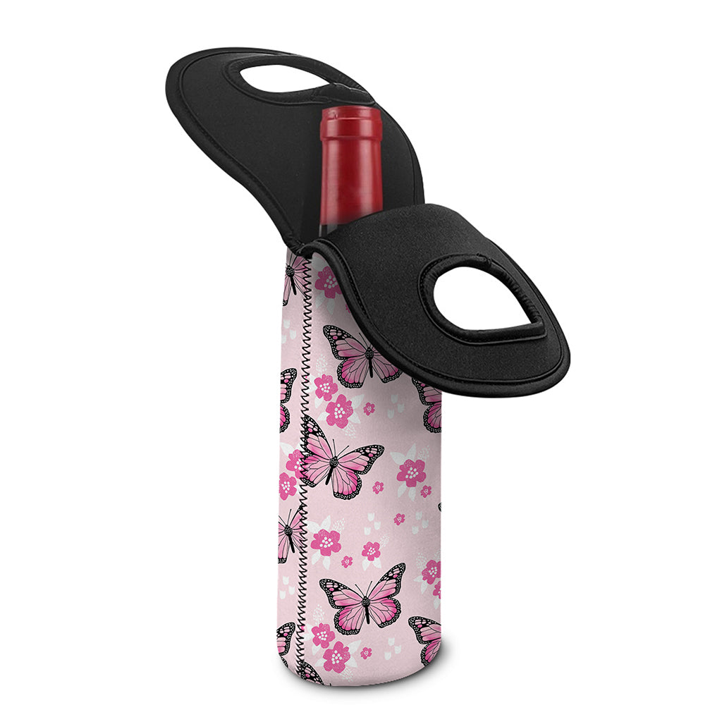 Pink Monarch Butterfly Pattern Print Single Neoprene Wine Tote