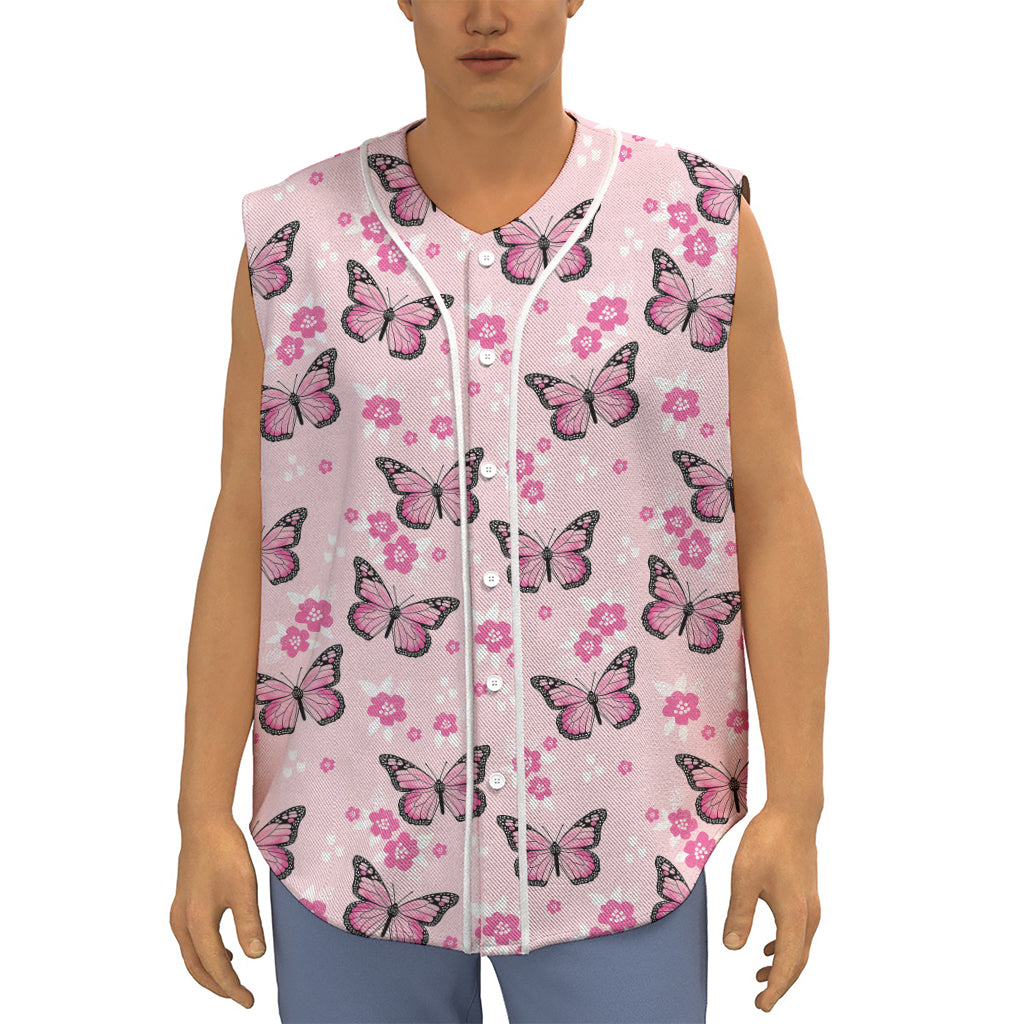 Pink Monarch Butterfly Pattern Print Sleeveless Baseball Jersey