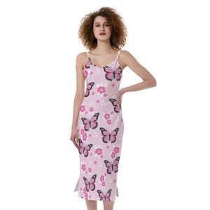 Pink Monarch Butterfly Pattern Print Slim Fit Midi Cami Dress