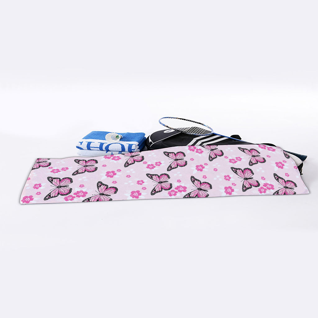 Pink Monarch Butterfly Pattern Print Sports Towel