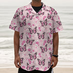 Pink Monarch Butterfly Pattern Print Textured Short Sleeve Shirt