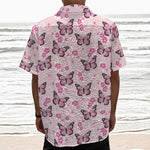 Pink Monarch Butterfly Pattern Print Textured Short Sleeve Shirt