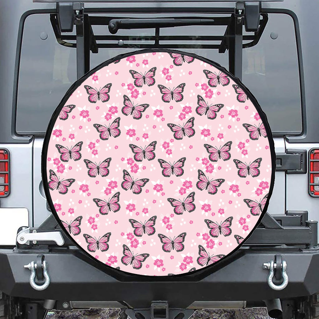 Pink Monarch Butterfly Pattern Print Tire Cover