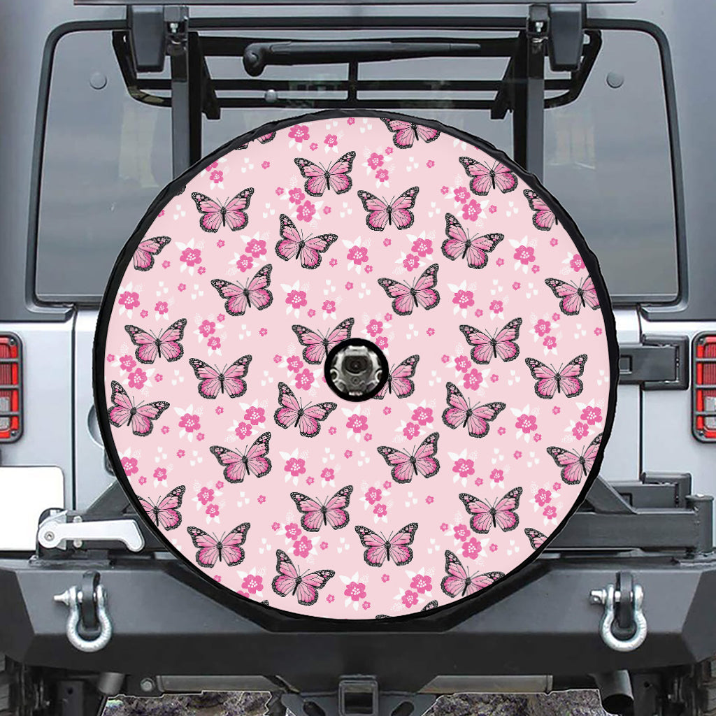 Pink Monarch Butterfly Pattern Print Tire Cover With Camera Hole