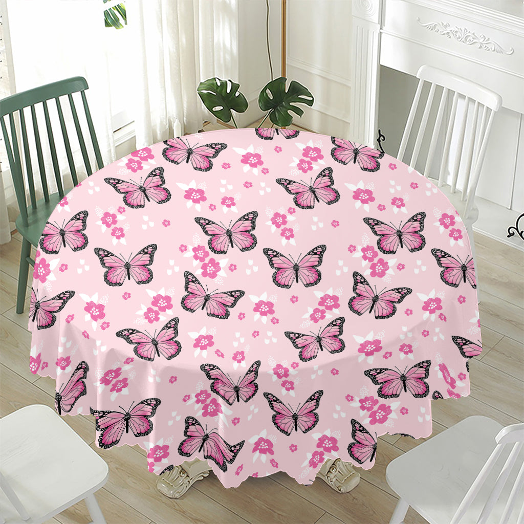 Pink Monarch Butterfly Pattern Print Waterproof Round Tablecloth