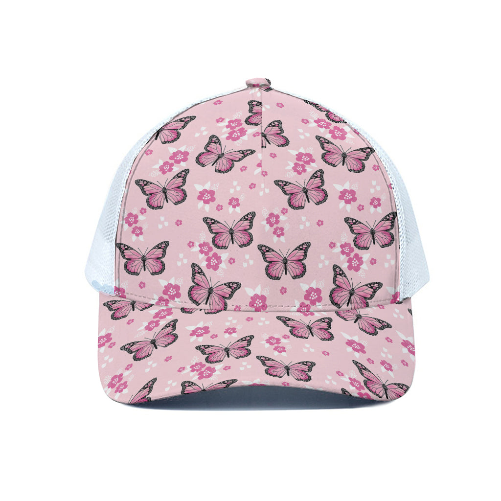Pink Monarch Butterfly Pattern Print White Mesh Trucker Cap