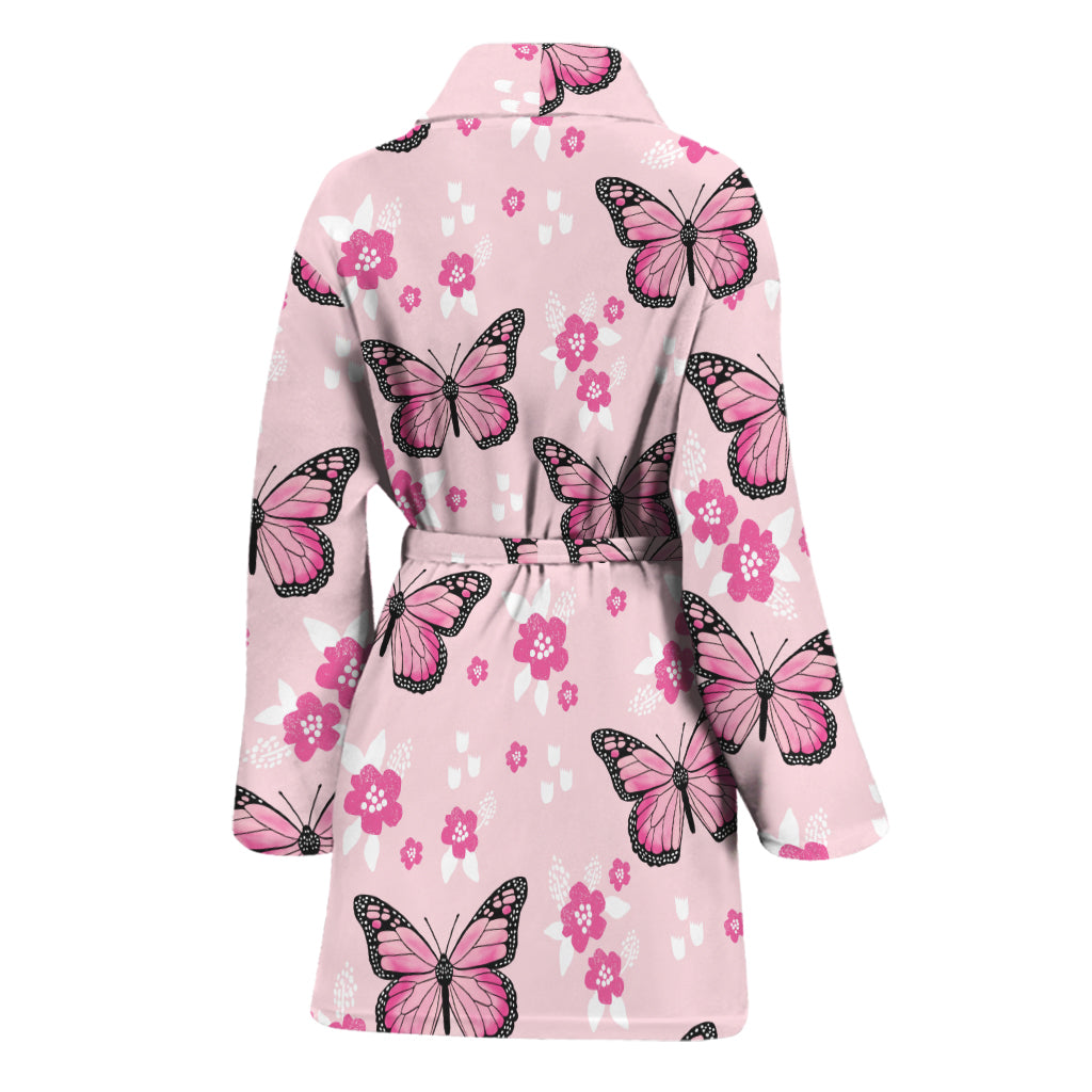 Pink Monarch Butterfly Pattern Print Women's Bathrobe