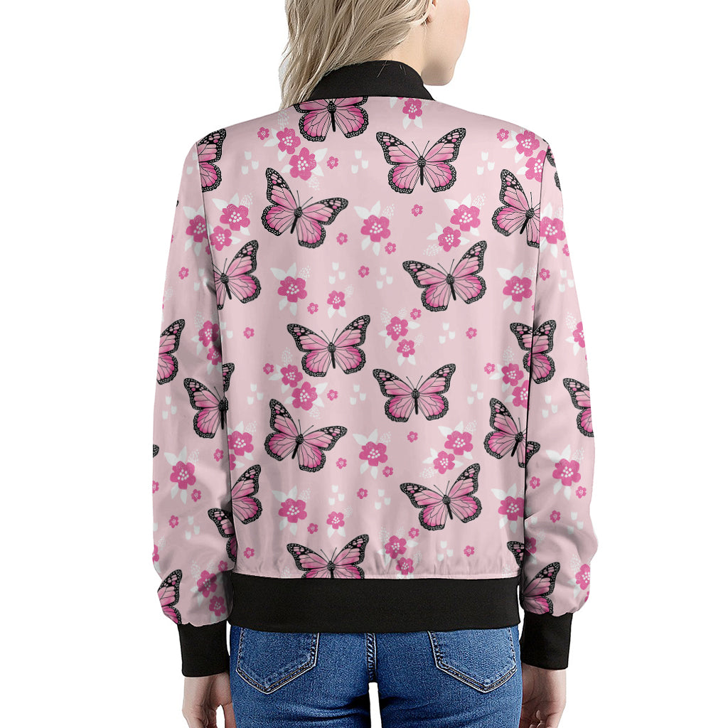 Pink Monarch Butterfly Pattern Print Women's Bomber Jacket