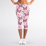 Pink Monarch Butterfly Pattern Print Women's Capri Leggings