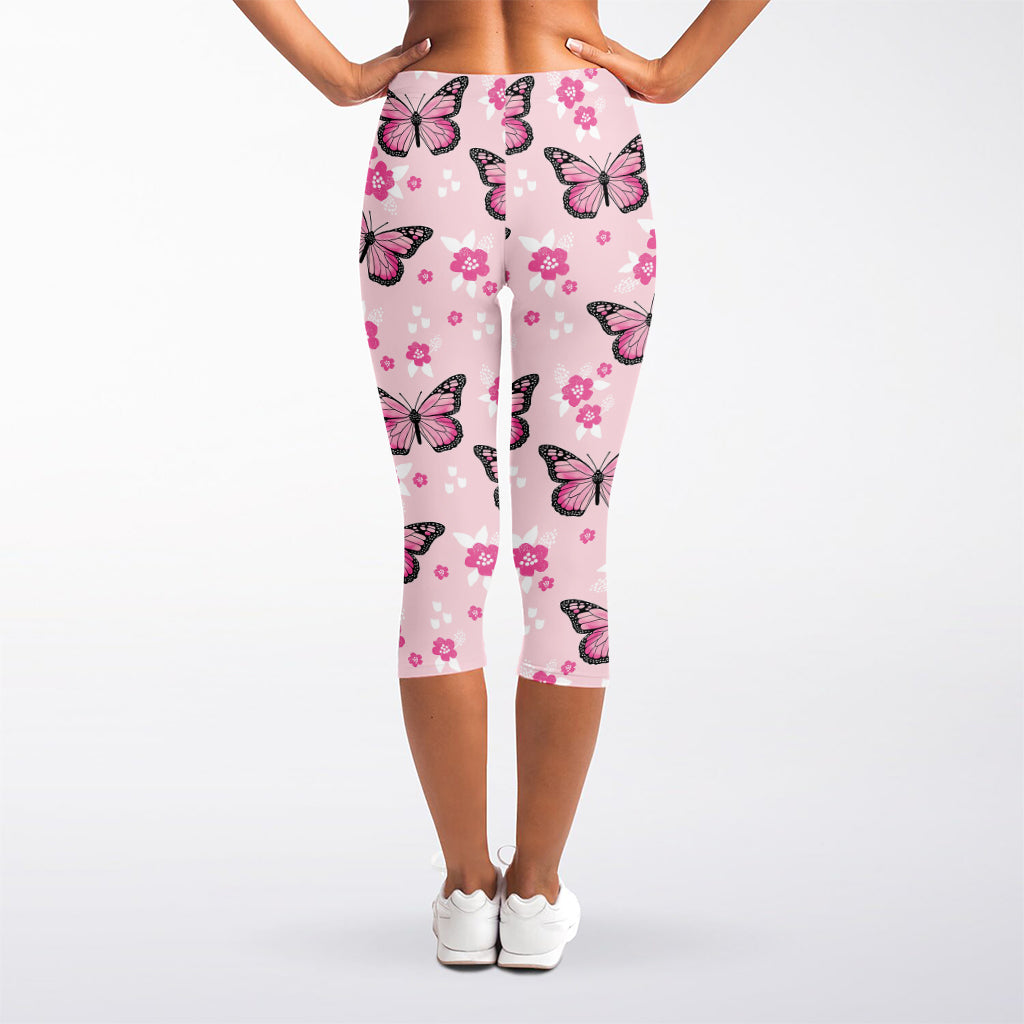 Pink Monarch Butterfly Pattern Print Women's Capri Leggings