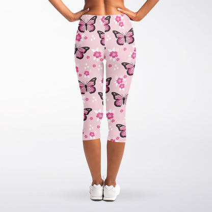 Pink Monarch Butterfly Pattern Print Women's Capri Leggings